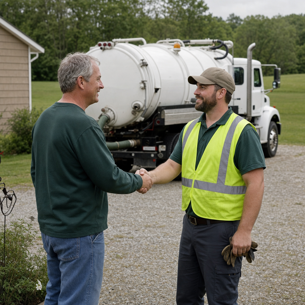 A septic technician shaking a Newark homeowner's hand beside the service truck after a completed pump-out