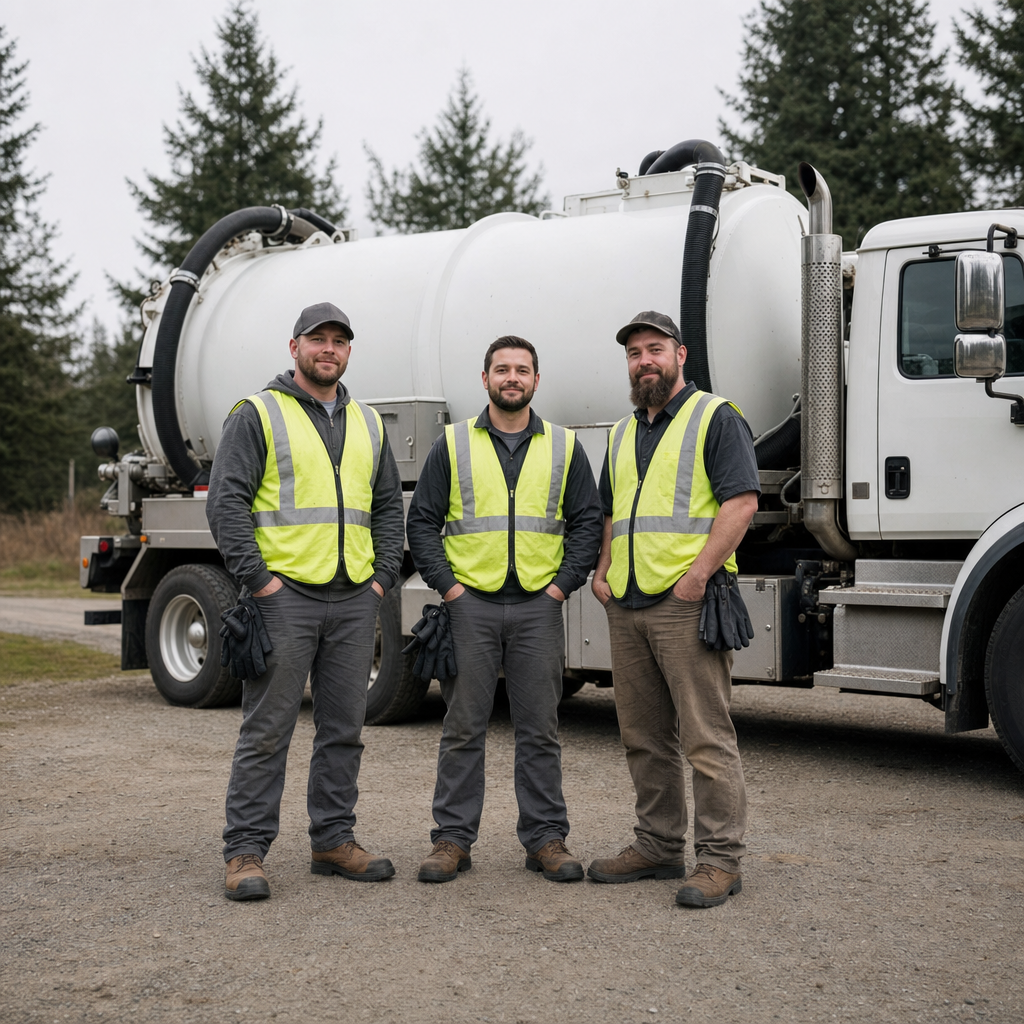 The Newark septic pumping crew standing together beside their clean white vacuum truck on a residential street