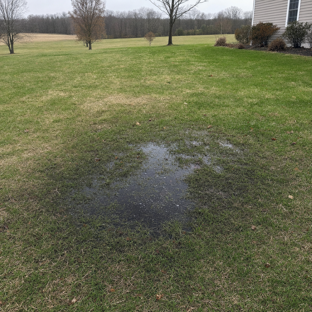 A dark, saturated wet spot in a Newark backyard lawn marking a failing cesspool at capacity