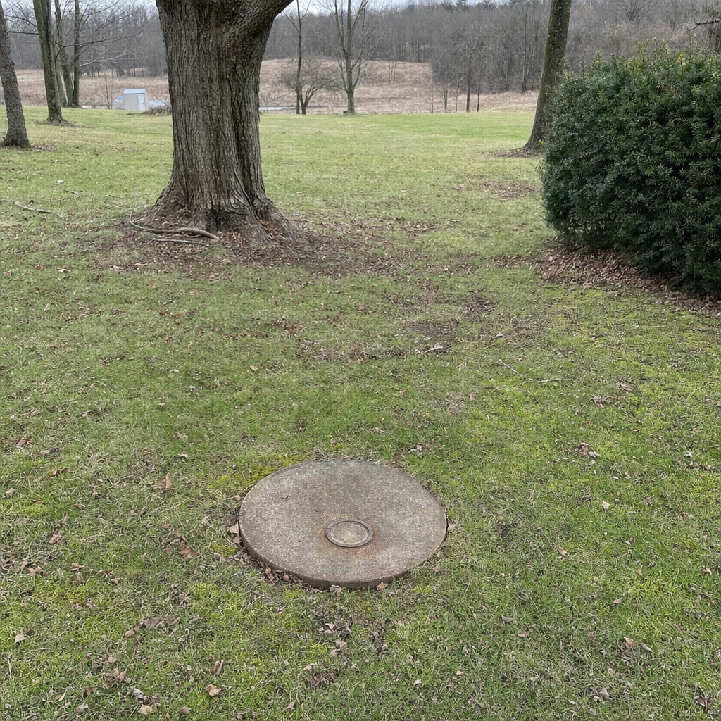 An older round cesspool access lid set flush in an established, mature Newark backyard lawn