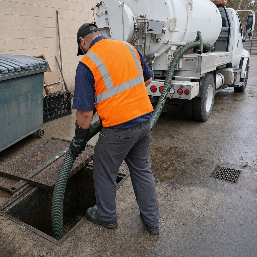 Technician pumping a grease trap behind a Newark restaurant