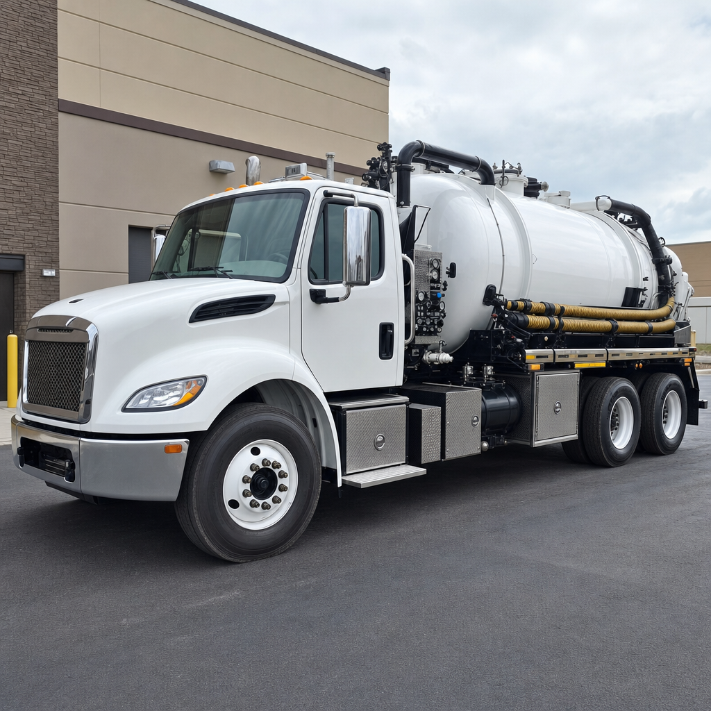 Commercial septic vacuum truck parked in a Newark business parking lot