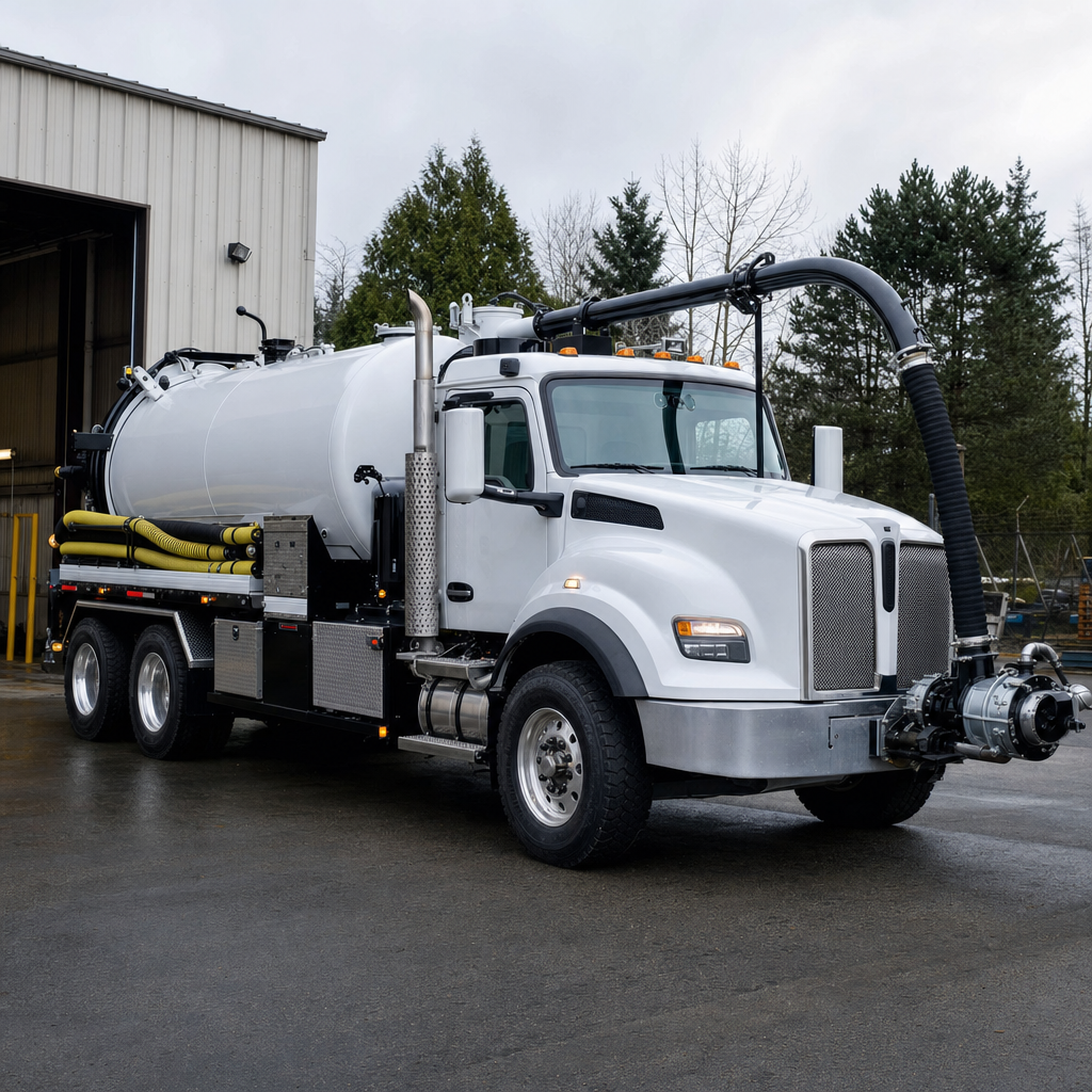 A clean white septic vacuum truck rolling out of a tidy Newark service depot at the start of the day