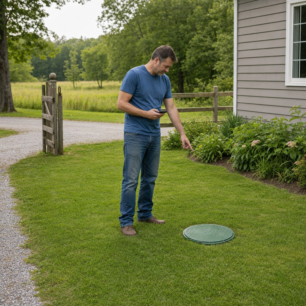 A Newark-area homeowner standing in the backyard noting where the septic tank lid and access route are located
