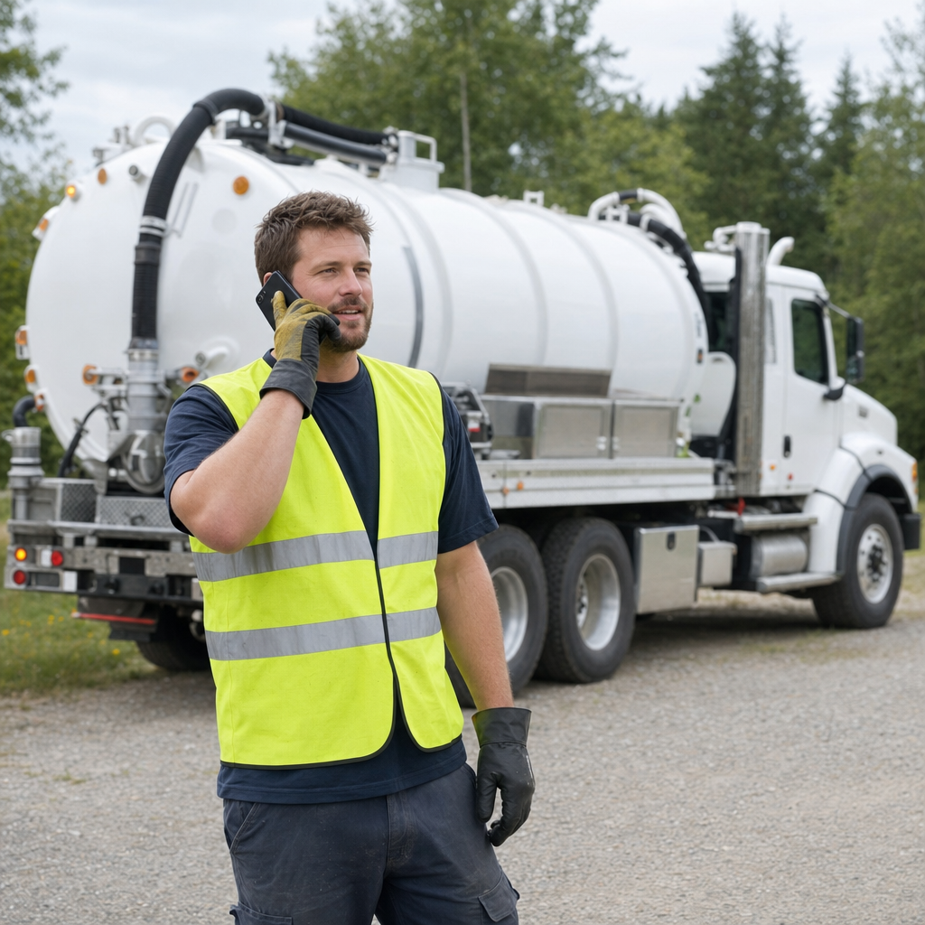 A friendly septic dispatcher holding a phone, ready to answer a Newark homeowner's call about a pump-out