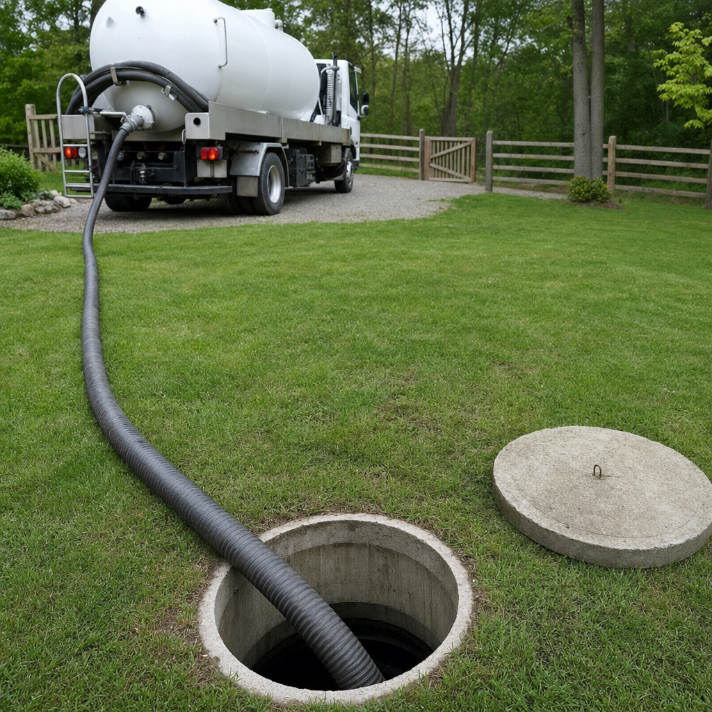 Suction hose connected to an open septic tank, drawing it down in a tidy Newark yard