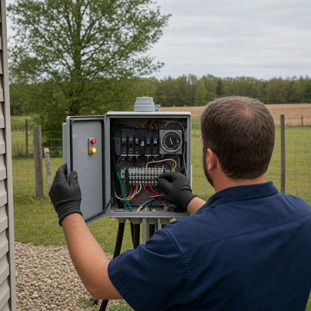 Technician checking an aerobic septic control box with a lit red high-water alarm during a same-day Newark visit