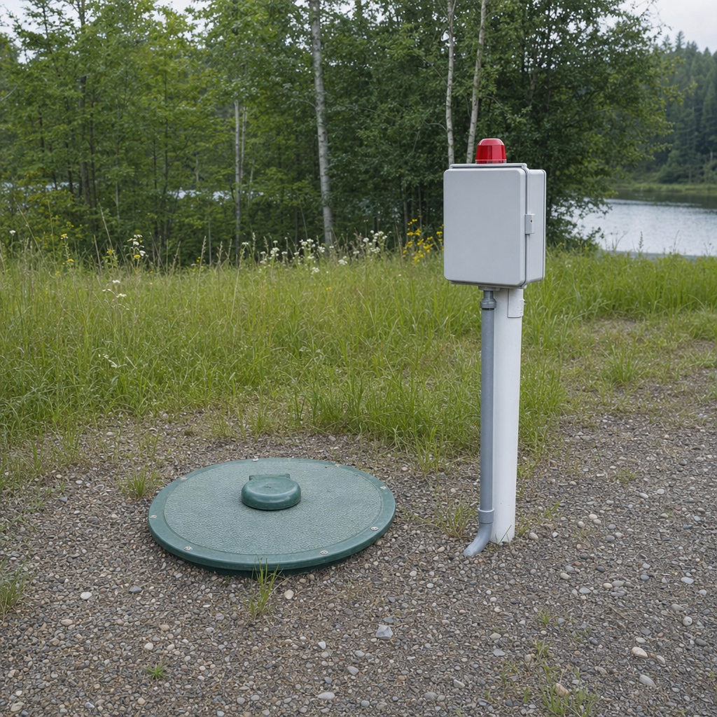 A wastewater holding tank access lid set in the ground at a rural Newark-area cabin, with a mounted high-level float alarm panel nearby