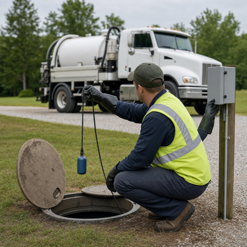 A septic technician in a high-visibility vest checking a high-level float switch and alarm panel on a holding tank at a rural Newark-area site