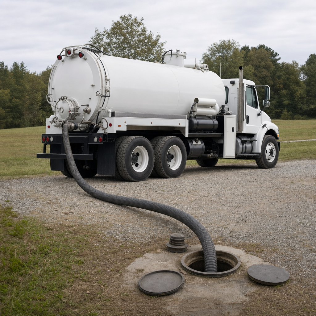 An unmarked white vacuum truck emptying a wastewater holding tank on a scheduled visit at a rural Newark-area property, thick suction hose running to the tank lid