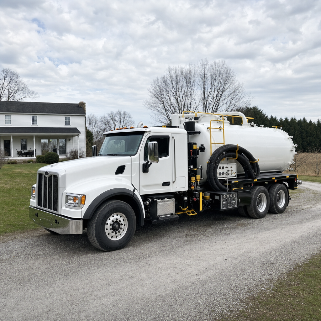A clean white septic vacuum truck parked on a tidy Newark driveway with the suction hose neatly coiled