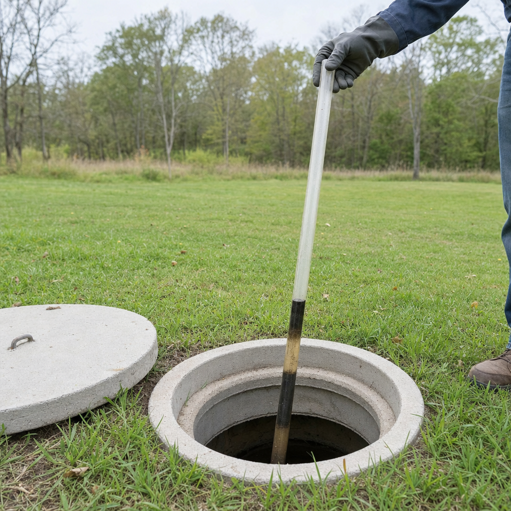 A septic sludge-judge measuring stick lowered into an open Newark septic tank to read the depth of the sludge and scum layers before deciding whether a pump-out is due