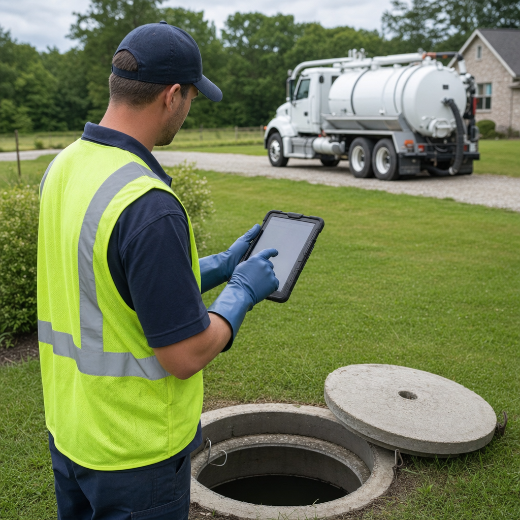A septic technician recording a Newark home's pump-out date and tank condition on a tablet beside an open access lid, tracking the service history that sets the next due date