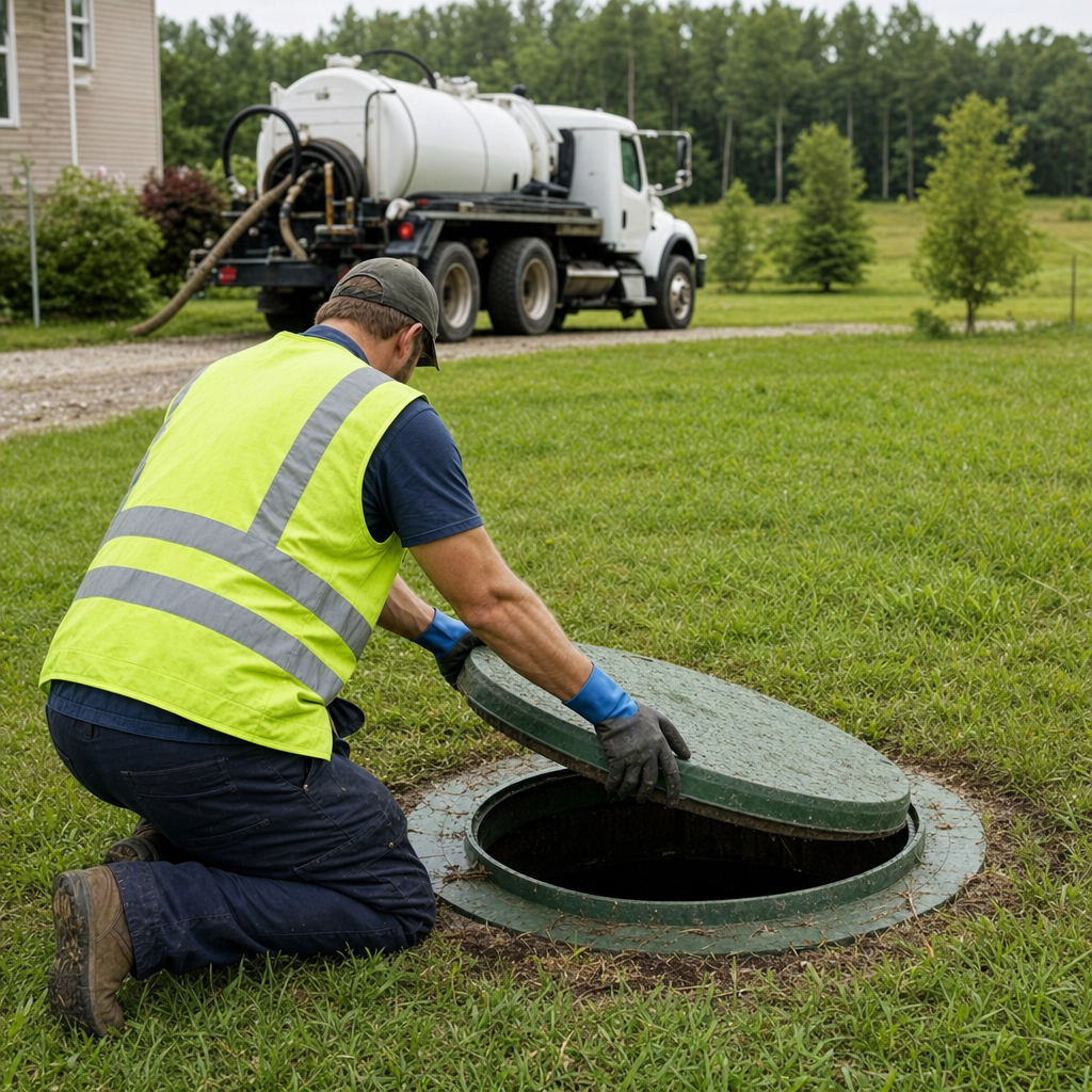 Septic technician kneeling on a Newark lawn, lifting the access lid on a residential septic tank