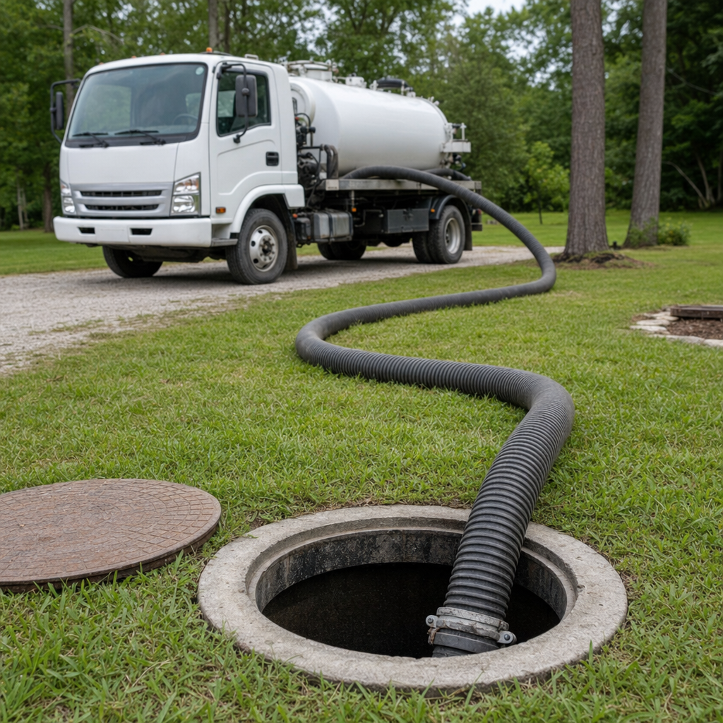 Thick ribbed suction hose lowered into a clean open septic tank port on a tidy Newark backyard lawn