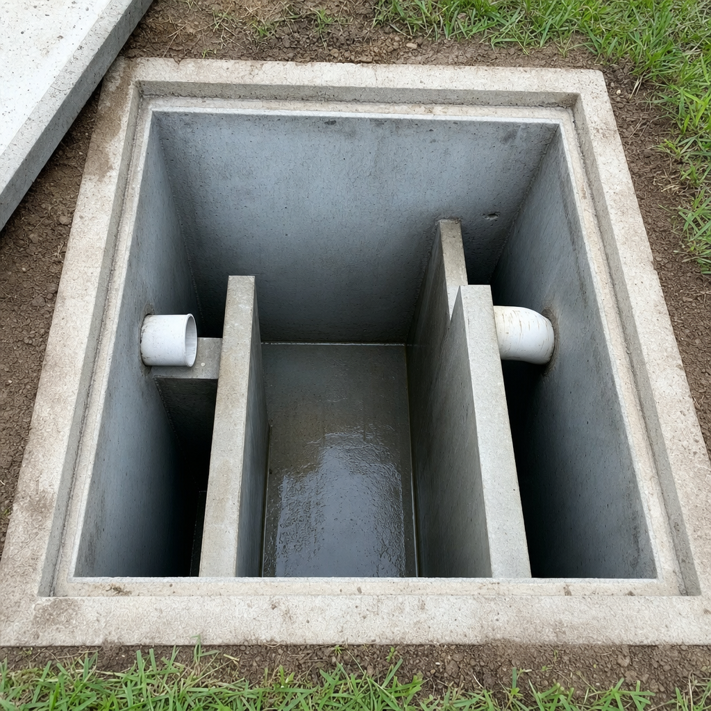 Inspection of the concrete baffles inside an open, emptied and freshly cleaned Newark septic tank