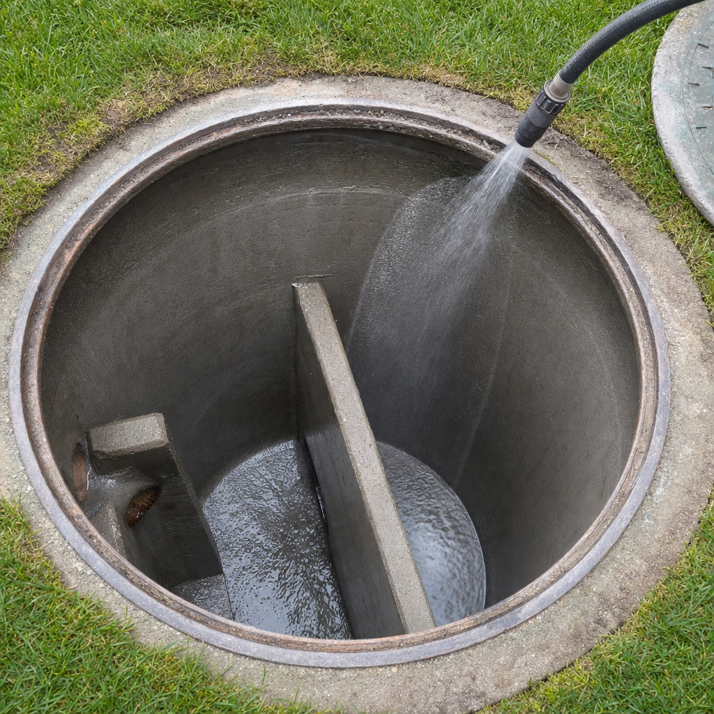 Interior concrete walls of an emptied Newark septic tank being rinsed clean with the truck's onboard water hose
