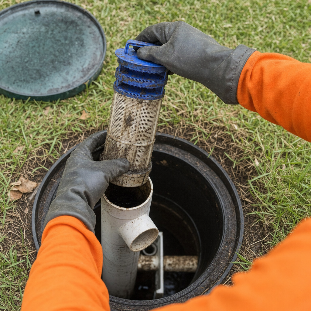 Septic technician's gloved hands lifting the effluent filter cartridge out of the outlet housing on a Newark septic tank