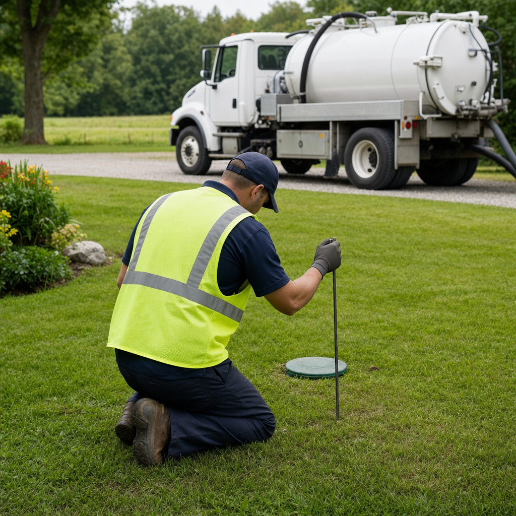 Septic technician kneeling on a Newark lawn, probing to locate and measure the depth of a buried septic tank lid before pumping