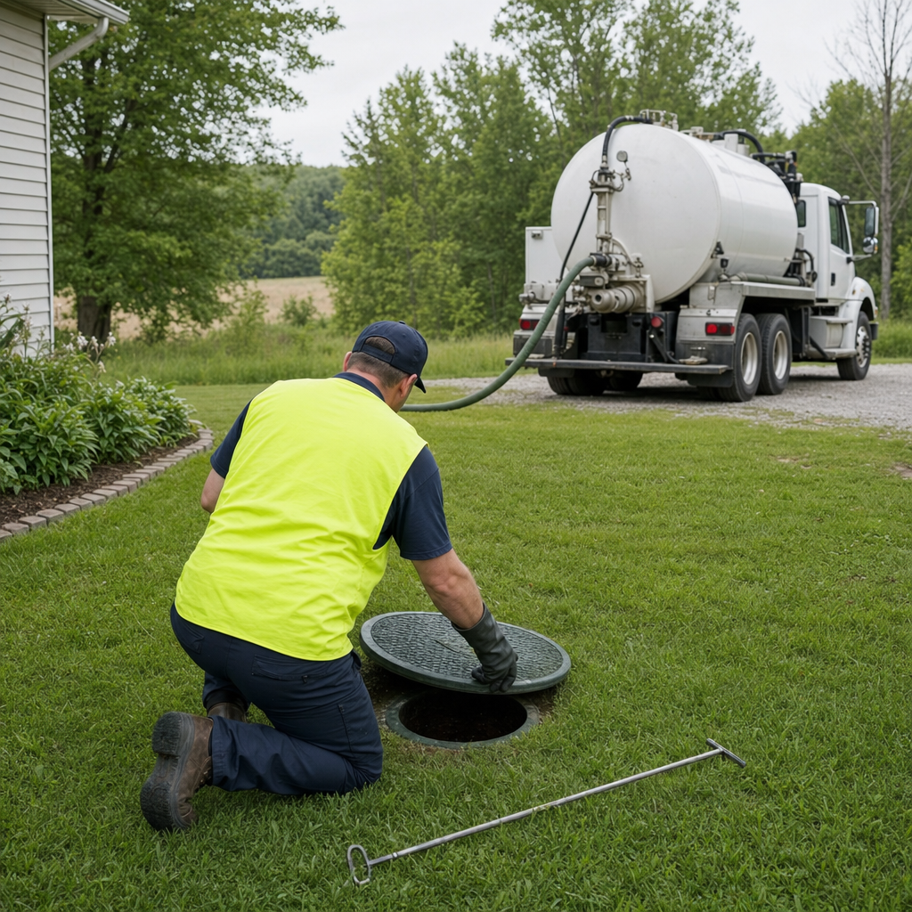 Septic technician kneeling on a Newark lawn, lifting the buried access lid on a residential septic tank
