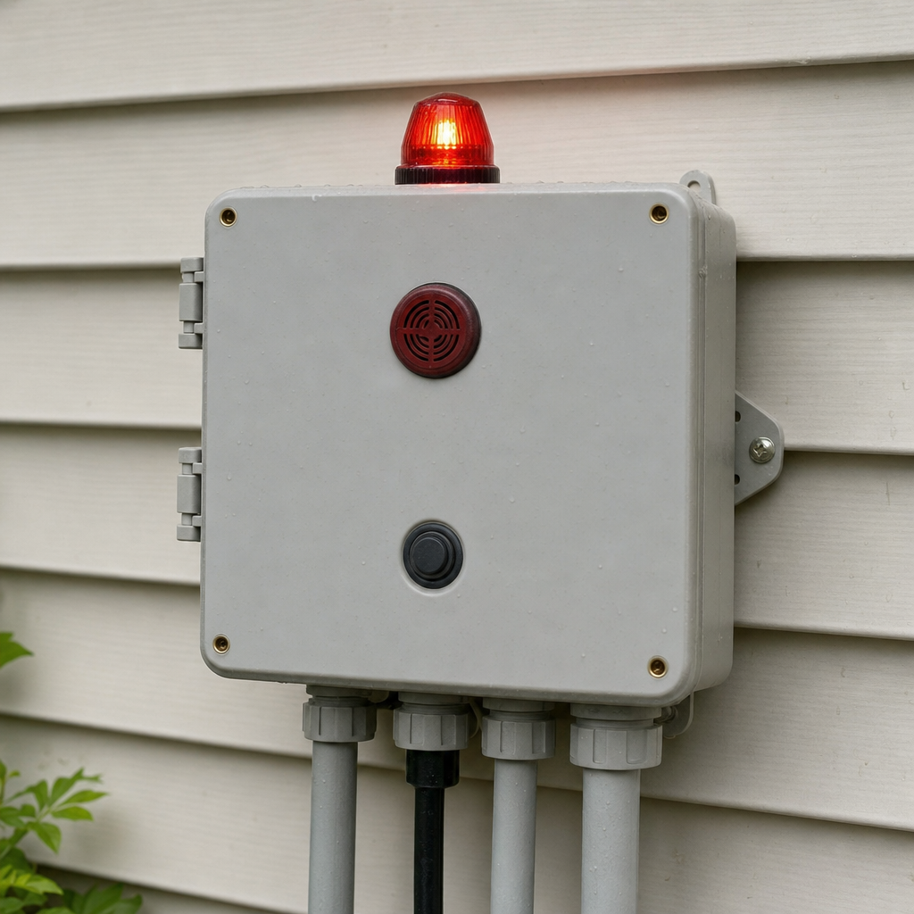 An aerobic septic system control panel mounted outside a Newark home with its red high-water alarm light lit