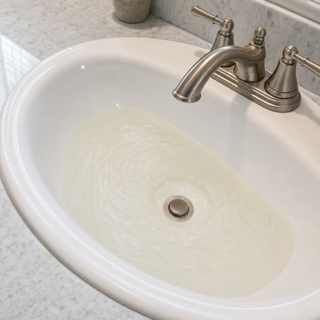 A bathroom sink draining slowly with water pooled in the basin, an early warning sign that a Newark septic tank is full